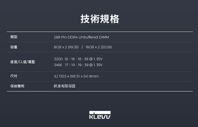 KLEVV 科賦 CRAS X RGB DDR4 3200 8Gx2 桌上型電競超頻記憶體