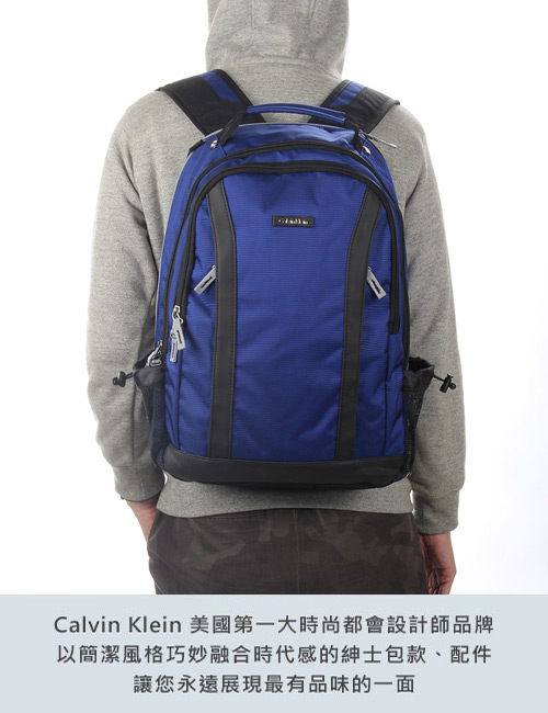 Calvin Klein 經典尼龍皮革飾邊後背包-藍色