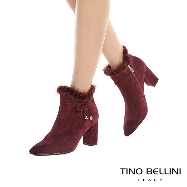 Tino Bellini性感婀娜毛海全真皮高跟尖楦短靴_酒紅