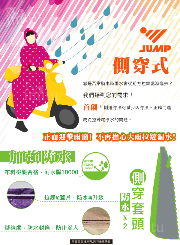 JUMP 將門獨家專利 x 亮光素色側穿套頭式風雨衣x絕佳防水=蜜桃粉