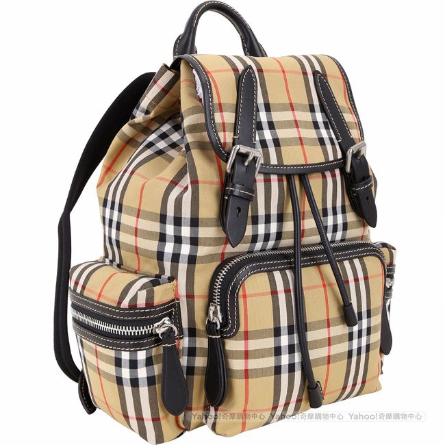 BURBERRY The Rucksack Vintage 中型格紋拼接軍旅背包(古典黃)