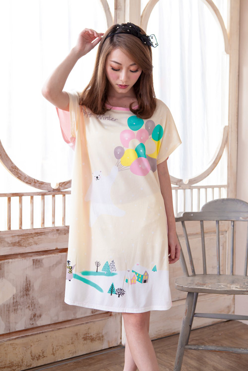 睡衣 牛奶絲質短袖連身睡衣(C01-100563白熊氣球海) Young Curves