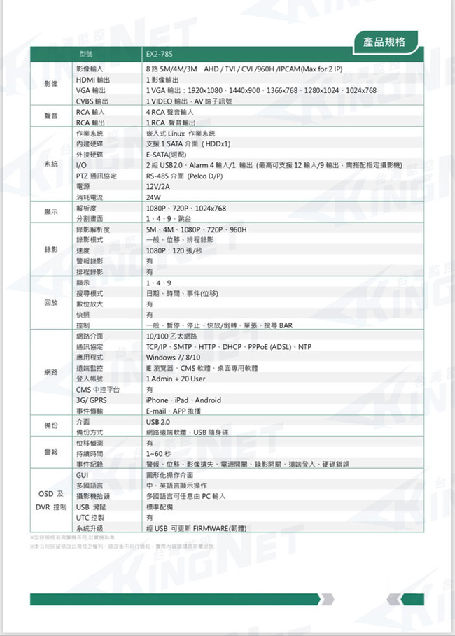 【KINGNET】8路 4聲 監控主機 遠端監看 1080P AHD TVI 960H