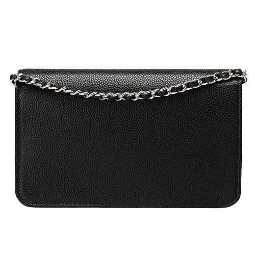 CHANEL 經典浮雕雙C LOGO荔枝紋牛皮銀鍊手拿/斜背包(黑)