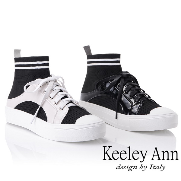 Keeley Ann 簡約百搭~襪子式橫條紋中筒透氣休閒鞋(黑色-Ann)