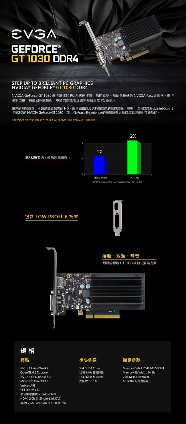 艾維克EVGA GT1030 2GB DDR4 64bitPCI-E圖形加速卡