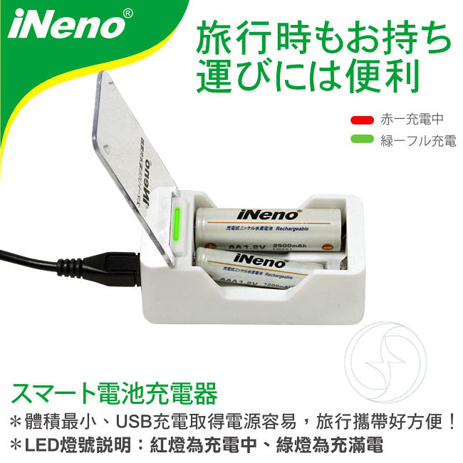 【iNeno】低自放3號鎳氫充電電池(4入)+USB鎳氫電池充電器2槽(201D)