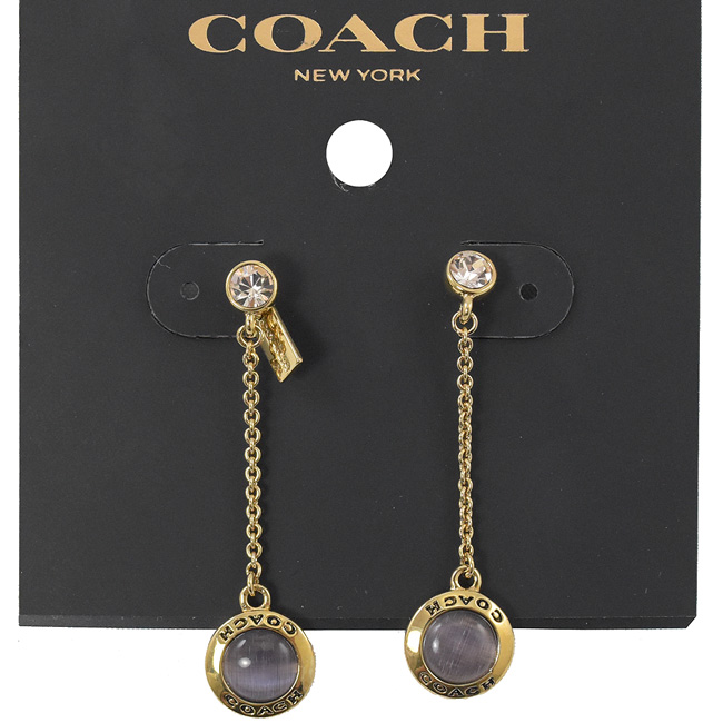 COACH 水鑽烙印LOGO粉紫珠珠墜飾耳環