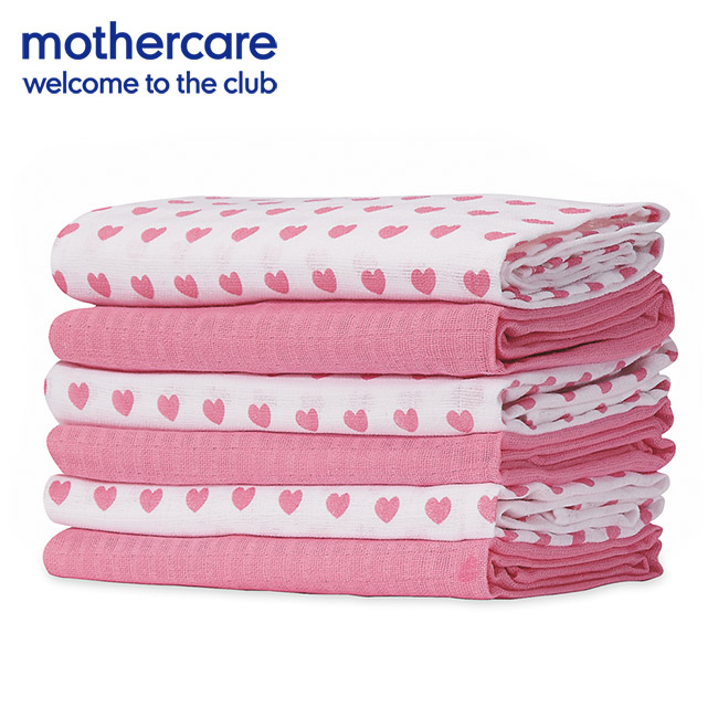 mothercare 粉紅愛心紗布巾6入 (70x57cm)