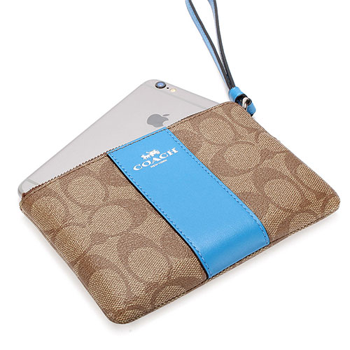 COACH 馬車LOGO PVC防水直條皮革L型拉鍊手拿包-亮藍/卡其色