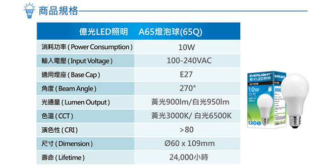 Everlight億光 10W LED 燈泡 全電壓 E27 (白光4入)