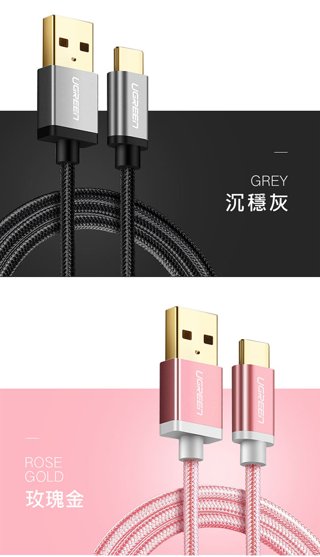 綠聯 USB Type-C快充傳輸線 BRAID版 銀白色 1M