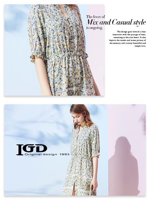 IGD英格麗 復古碎花外罩式洋裝-黃