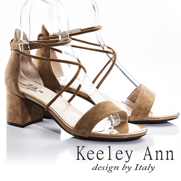 Keeley Ann 韓式風潮~交叉細帶素色真皮粗跟涼鞋(棕色-Ann)