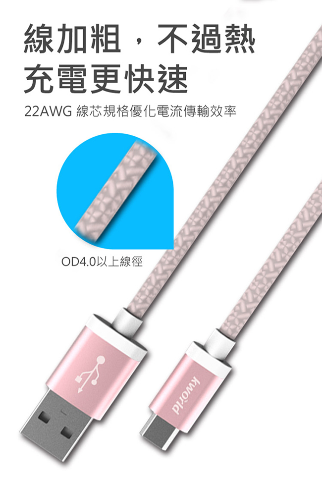 Kworld 廣寰 Z2110 Micro USB QC3.0鋁合金充電線 1M 玫瑰金