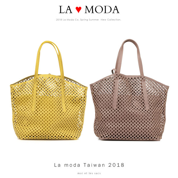 La Moda 經典設計款圓形沖孔大容量肩背斜背子母托特包(粉紫)