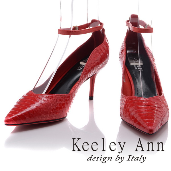 Keeley Ann 韓式風潮~蛇紋波浪造型細帶飾釦真皮高跟鞋(紅色-Ann)