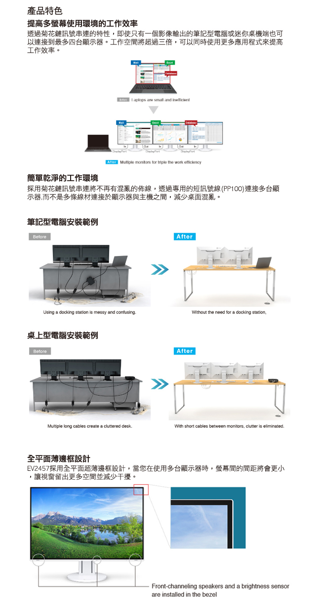 EIZO FlexScan EV2457白色24吋/DP菊花鍊串連/薄邊框/低閃頻護眼