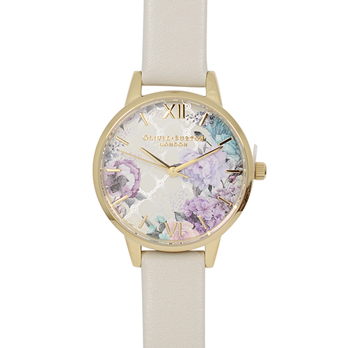 Olivia Burton 英倫復古手錶 閃亮格紋花園米色真皮錶帶金框30mm