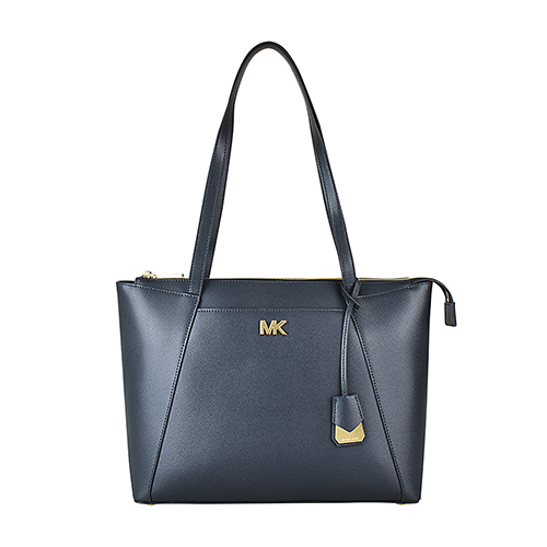 MK MICHAEL KORS MADDIE金字LOGO防刮皮革拉鍊肩背托特包(中/海軍藍