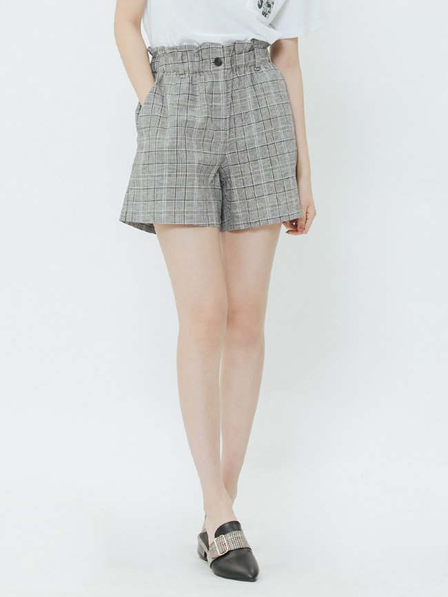 H:CONNECT 韓國品牌 女裝-知性格紋棉麻短褲-黑