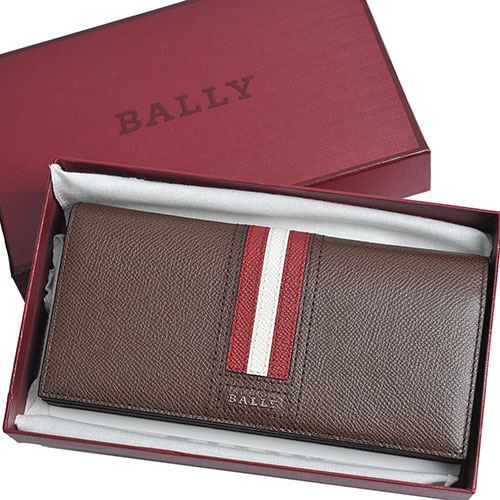 BALLY TALIRO 經典條紋LOGO防刮皮革對折式拉鍊零錢長夾(咖啡色系)