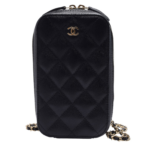 CHANEL 經典雙C LOGO菱格粒紋小牛皮金鍊肩斜背晚宴包(黑)