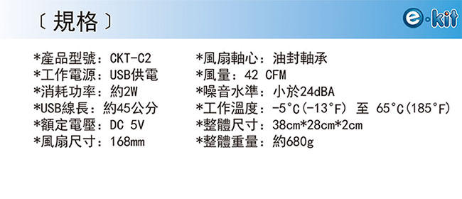 逸奇e-Kit 16.8cm雙旋風筆電散熱墊 CKT-C2_BK
