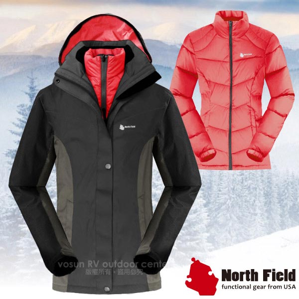 North Field 女 二件式防風防水外套+內層保暖羽絨夾克_鑽石黑