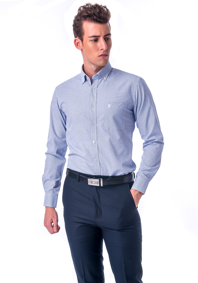 金‧安德森 藍色格紋釘釦窄版長袖襯衫