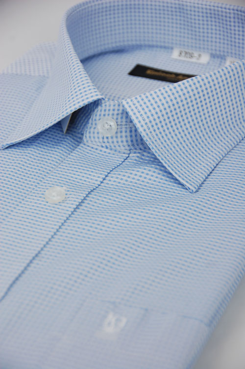 金‧安德森 藍色細格紋窄版短袖襯衫