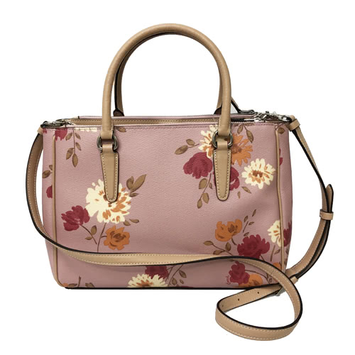 COACH 經典LOGO PVC皮革花卉手提斜背兩用方包托特包(中款-花卉粉)