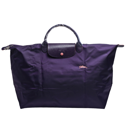 LONGCHAMP Collection刺繡摺疊暗釦/拉鍊短提把尼龍水餃包(L-藍莓色)