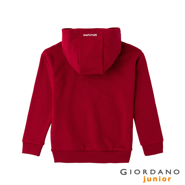 GIORDANO 童裝theFUTURE圖案印花輕刷毛長袖連帽TEE-02 標誌紅