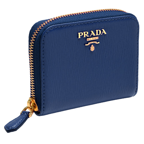 PRADA 經典金色浮雕LOGO直紋牛皮拉鍊卡夾/零錢包(藍)