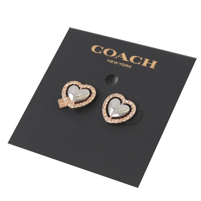 COACH 烙印LOGO愛心小水鑽耳環(銀/玫瑰金色)