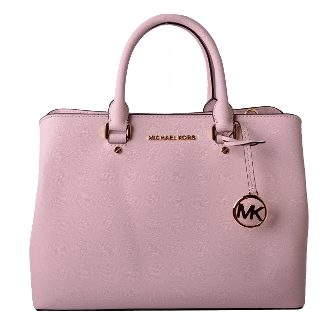 MICHAEL KORS SAVANNAH金字LOGO防刮牛皮三層手提/斜背包-芭蕾粉