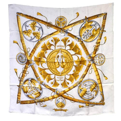 HERMES PRINCES DU SOLEIL LEVANT武士圖騰絲質方巾/披巾-白金