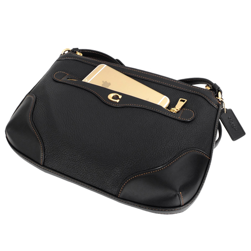 COACH黑色全皮C字飾牌前拉鍊袋小款斜背包