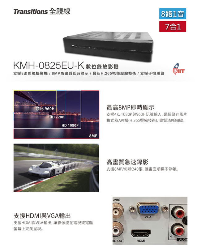 全視線 KMH-0825EU-K 8路1音 7合1 台灣製造 數位監視監控錄影主機