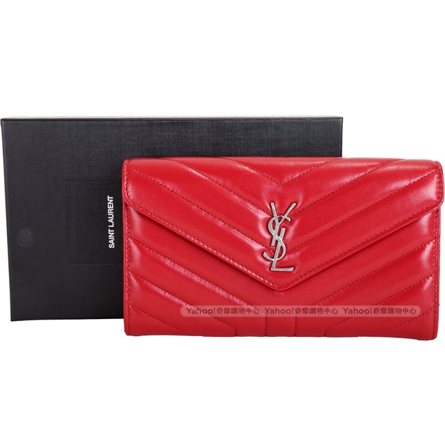 YSL Saint Laurent LOULOU Y字絎縫小羊皮信封長夾(紅色)