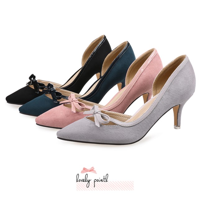 Cinderella Fashions 優雅蝴蝶結側挖空中跟鞋 - 淺灰色