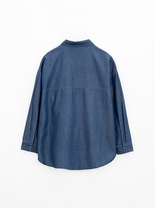 H:CONNECT 韓國品牌 女裝-下擺造型雙口袋襯衫-藍