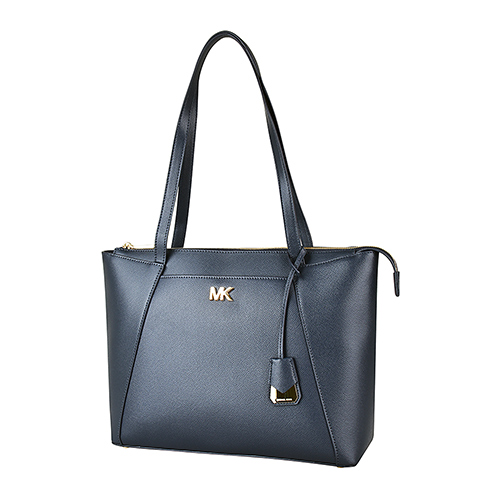 MK MICHAEL KORS MADDIE金字LOGO防刮皮革拉鍊肩背托特包(中/海軍藍