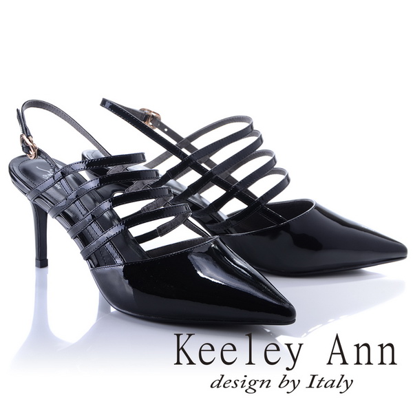 Keeley Ann 羅馬假期~鏤空條紋金屬釦真皮高跟尖頭鞋(黑色-Ann)