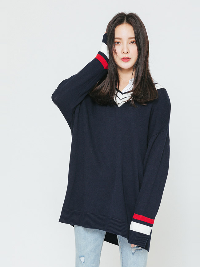 H:CONNECT 韓國品牌 女裝-學院感V領針織上衣-藍