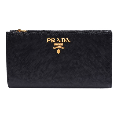 PRADA 經典SAFFIANO系列金色浮雕LOGO防刮牛皮雙暗釦中夾(黑)