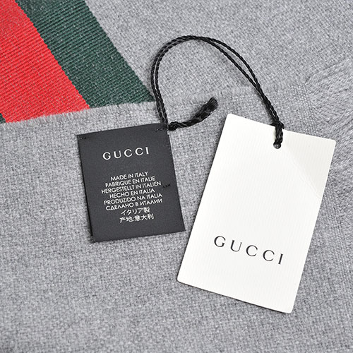 GUCCI STRONG BEE織帶蜜蜂刺繡LOGO喀什米羊毛混絲寬版圍巾/披肩(灰色系)