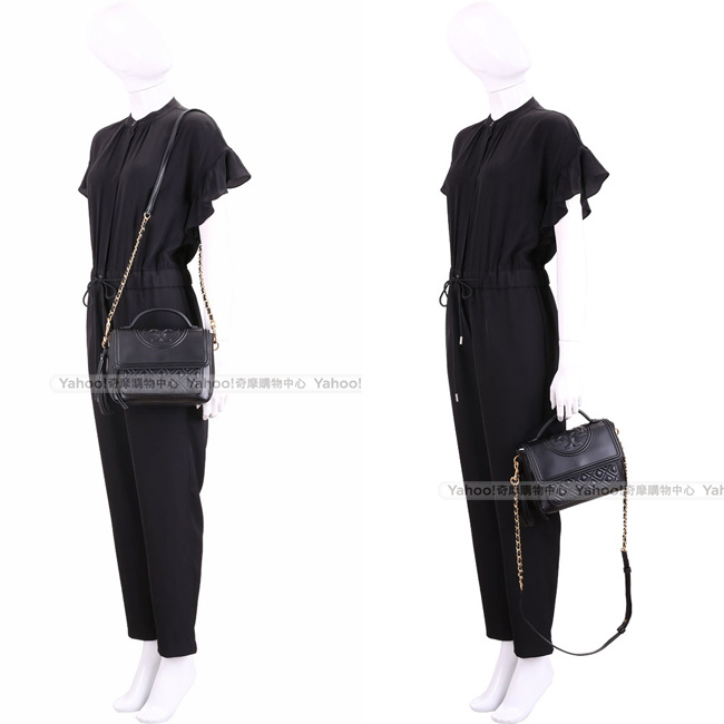 TORY BURCH Fleming 菱格絎縫流蘇飾手提肩背鍊帶包(黑色)
