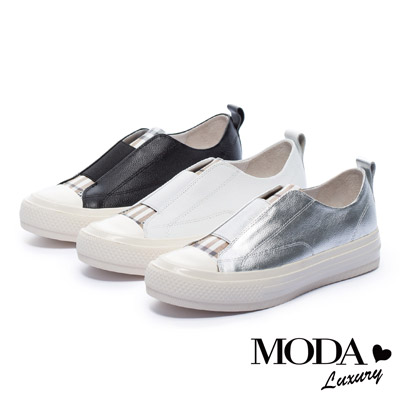 休閒鞋 MODA Luxury 簡約拼接復古格紋全真皮厚底休閒鞋－白
